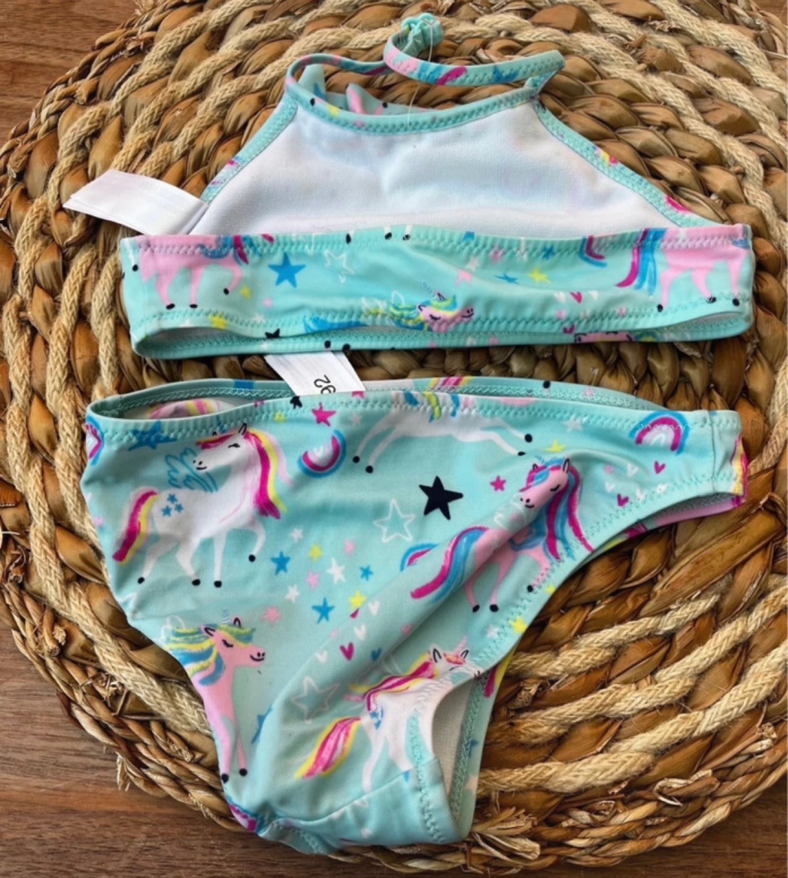 🌸 𝒎𝒛 |Biquíni C&A para meninas | estampa de unicórnio verde-menta | tamanho 92 | conjunto de praia de verão – photo 2